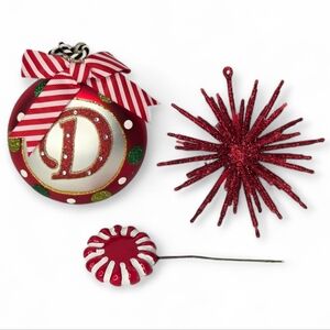 Red Holiday Christmas Tree Ornament Set Letter D Peppermint And Starburst